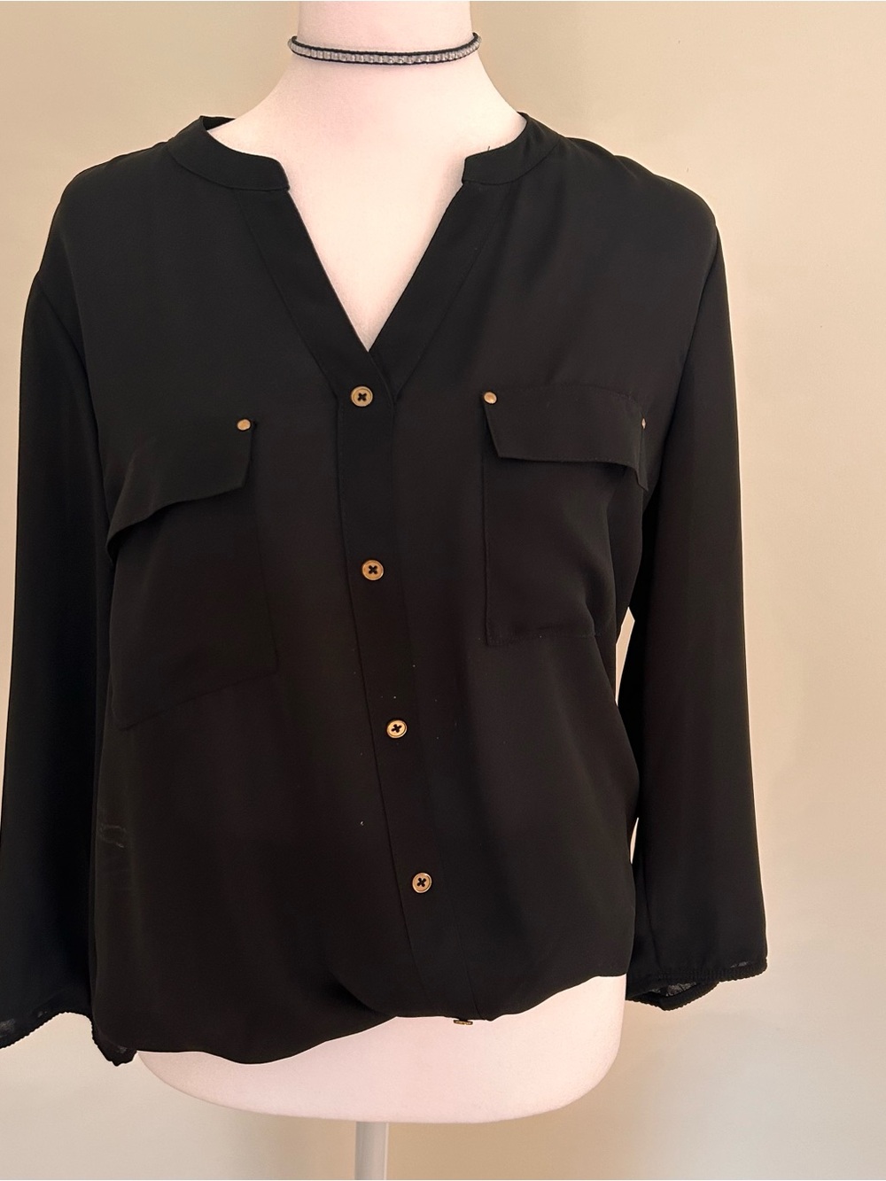 Jessica Long-Sleeve Button-Front Blouse with Elastic Waist Gold Buttons Petite 8